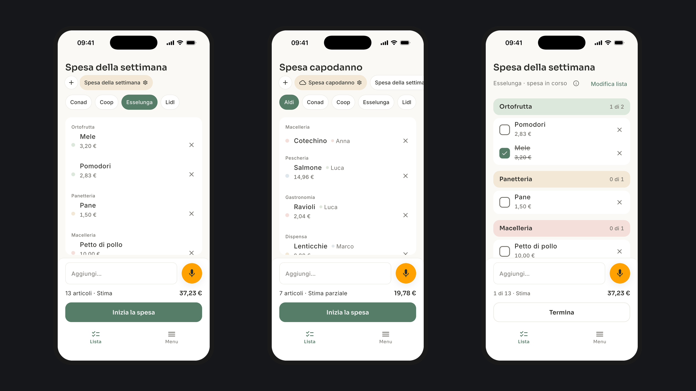 Three Sporta screens on a dark background: planning grouped by department with supermarket chips and voice input, a shared list showing who added each item, shopping mode grouped by department with running total