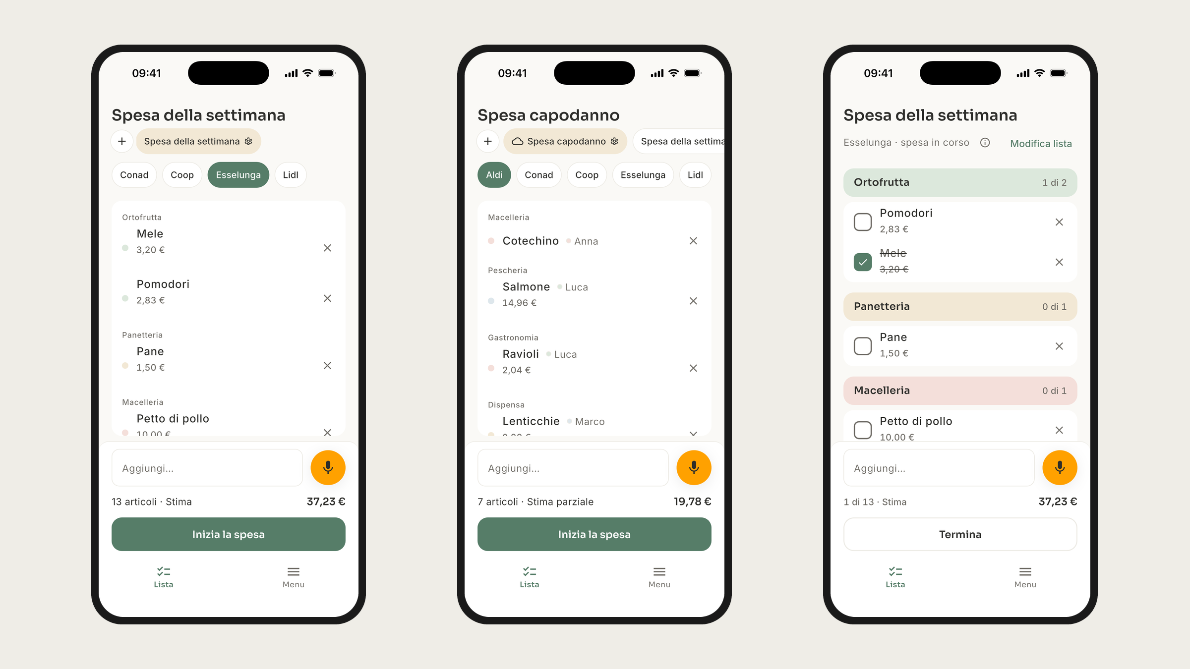 Three Sporta screens: planning grouped by department with supermarket chips and voice input, a shared list showing who added each item, shopping mode grouped by department with running total