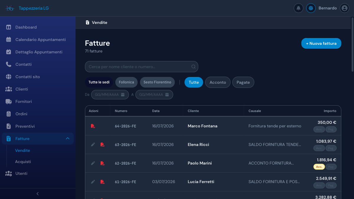 Tappezzeria LG back office in dark mode: invoice list with search, site and payment filters, per-invoice e-invoicing actions