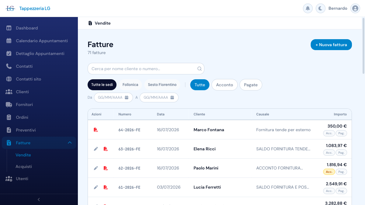Tappezzeria LG back office: invoice list with search, site and payment filters, per-invoice e-invoicing actions