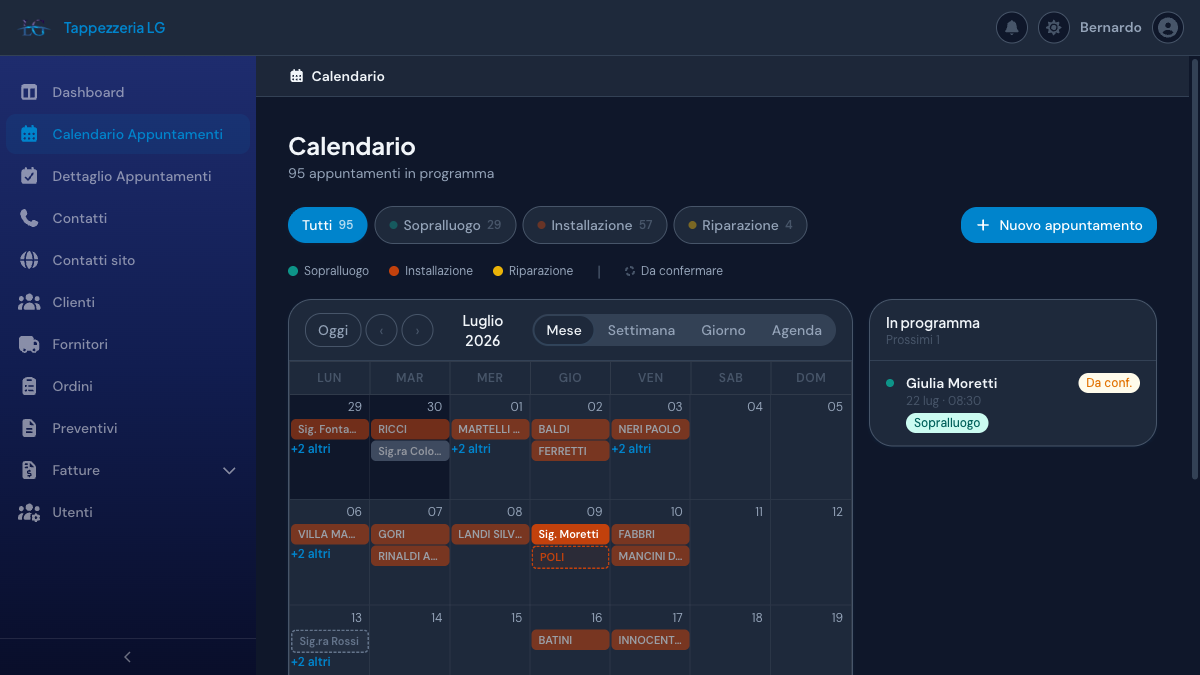 Tappezzeria LG appointment calendar in dark mode: month view with type filters and upcoming appointments panel