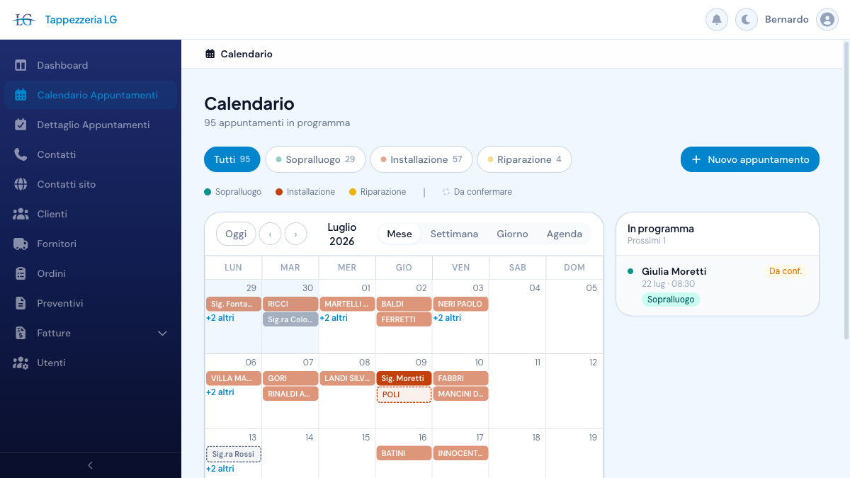 Tappezzeria LG appointment calendar: month view with type filters and upcoming appointments panel
