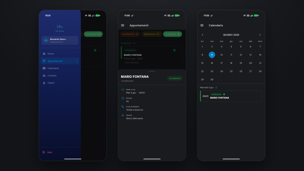 Tappezzeria LG Flutter companion app in dark mode: navigation drawer, appointment detail with type, duration and assigned workers, and monthly calendar