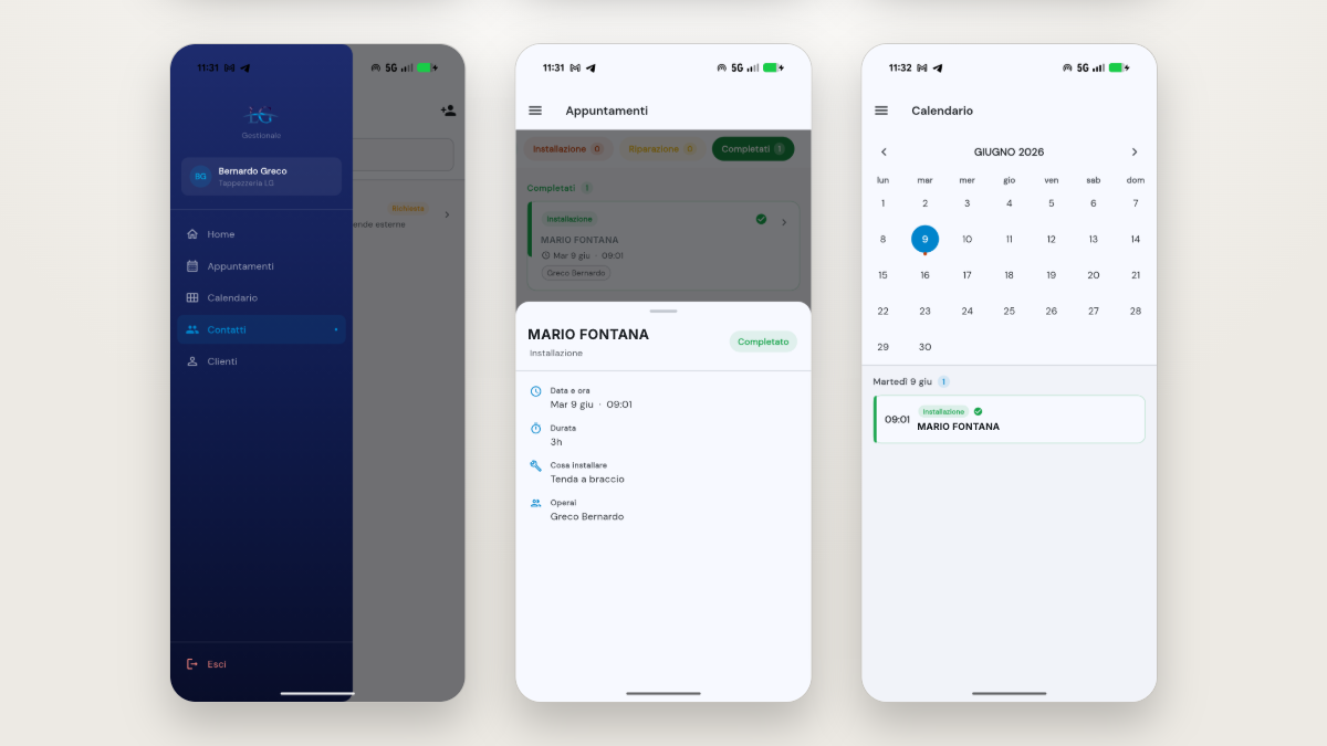 Tappezzeria LG Flutter companion app in light mode: navigation drawer, appointment detail with type, duration and assigned workers, and monthly calendar